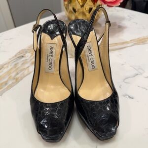 Jimmy Choo Black Patent Leather Slingback Peep Toe Heels